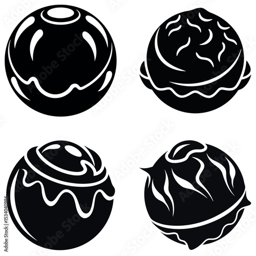 Abstract Black and White Illustration Featuring Four Stylized Round Confections or Candies