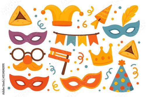 Purim festival elements collection. Jewish holiday celebration set with carnival masks, hamantash cookies, gragger, and crown. Vector illustration icons for party decoration.