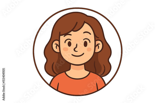 Cartoon woman avatar. Cute smiling girl with brown hair. User profile picture for social media. Female character portrait headshot in a circular frame. Web or app user icon. Vector.