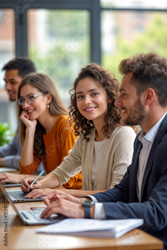 Young professionals collaborating happily in modern office meeting