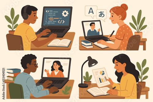 Online learning vector illustration set. E-learning, webinar, and distance education concept. Diverse students study online: programmer coding, language lesson, data analysis, virtual class.