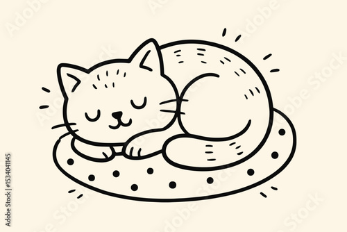 Cute sleeping cat doodle. Hand-drawn kitten napping on a pillow. Adorable domestic pet animal sketch. Peaceful sleepy kitty vector illustration for logo, sticker, or print.