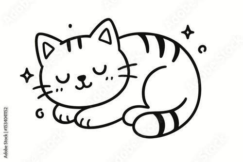 Cute sleeping cat doodle in a simple kawaii style. Adorable tabby kitten napping peacefully. Sweet pet animal cartoon. Minimalist black and white contour line art vector icon.