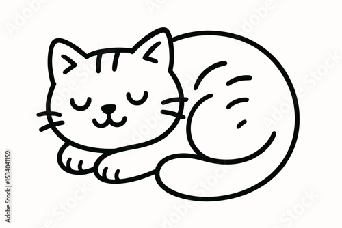 Sleeping cat doodle line art. Cute kawaii kitten character napping. Simple black and white pet animal vector illustration. Hand-drawn minimalist sketch for icon, logo or design.