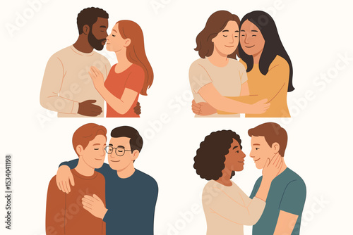 Diverse loving couples set. Interracial, gay, lesbian pairs in romantic embrace. Vector illustration of multiracial relationships, love, affection, inclusion, and LGBT concept.
