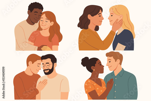 Diverse couples in love illustration set. Collection of portraits showing interracial, heterosexual, gay and lesbian relationships. People embracing with affection and tenderness.