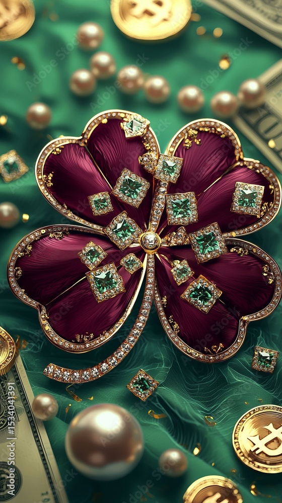 A striking four-leaf clover adorned with emeralds and pearls set against a luxurious backdrop, celebrating fortune, elegance, and the beauty of precious materials in an artistic display. A striking four-leaf clover adorned with emeralds and pearls set against a luxurious backdrop, celebrating fortune, elegance, and the beauty of precious materials in an artistic display.