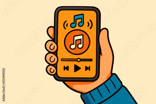 Music streaming app concept. Hand holding smartphone with player interface on screen. Listening to audio playlist on mobile device. Digital entertainment and media technology.