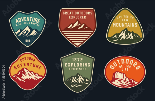 Set of vintage outdoor camping badges featuring various vector. Adventure retro stickers.