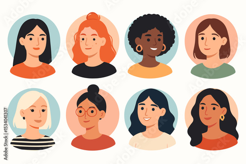Set of diverse female portraits. Collection of women avatars for social media profile pictures. Multicultural people faces. Vector character illustration icons for team or community.