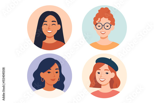 Set of diverse women avatars. Collection of female portraits in circles. Happy smiling young girls faces for social media profile picture. Multiethnic people characters vector icon.