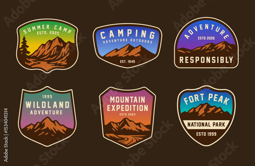 Set of vintage outdoor camping badges featuring various vector. Adventure retro stickers.