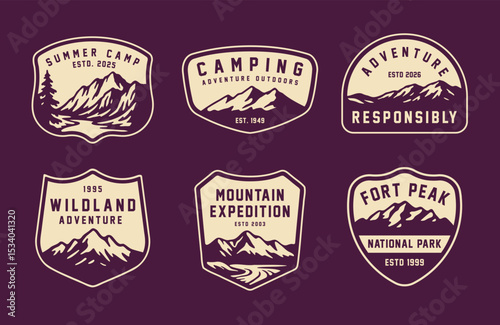 Set of vintage outdoor camping badges featuring various vector. Adventure retro stickers.