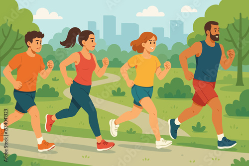 Group of happy people running in city park. Friends jogging together outdoors. Healthy active lifestyle concept. Fitness workout, marathon training. Urban landscape vector illustration.