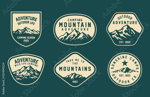 Set of vintage outdoor camping badges featuring various vector. Adventure retro stickers.