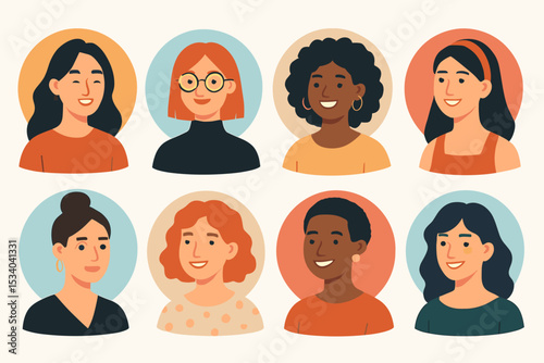 Diverse women avatar collection. Set of multiethnic female character portraits. Modern flat vector illustration for social media profile, team community, or user interface icons.