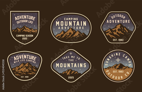Set of vintage outdoor camping badges featuring various vector. Adventure retro stickers.