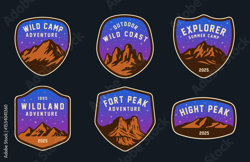 Set of vintage outdoor camping badges featuring various vector. Adventure retro stickers.
