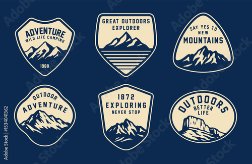 Set of vintage outdoor camping badges featuring various vector. Adventure retro stickers.