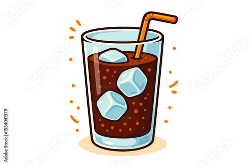 Refreshing cola soda in a glass with ice cubes and a straw. Vector cartoon icon. Cold carbonated soft drink illustration. Summer beverage for fast food menu or sticker design.