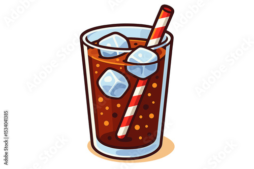Refreshing glass of cold cola soda with ice cubes and striped straw. Vector illustration of a fizzy carbonated beverage. Cartoon icon for fast food menu or summer drink.