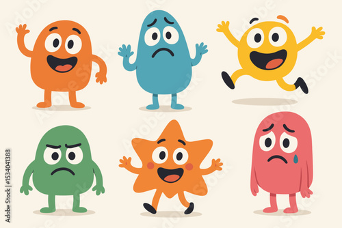 Set of cute cartoon characters expressing a range of emotions. Funny monster mascots with various feelings: happy, sad, angry, scared. Emotional intelligence and mental health vector.