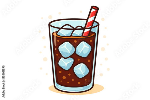 Glass of cold cola soda with ice cubes and striped drinking straw. Cartoon vector illustration of a refreshing fizzy beverage. Summer drink icon for fast food menu or takeaway pop.