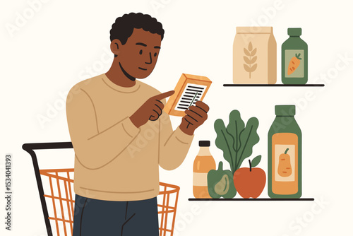 African American man reading food label in grocery store. Customer checking product ingredients and nutrition facts. Healthy eating, diet, conscious consumerism and smart shopping concept.
