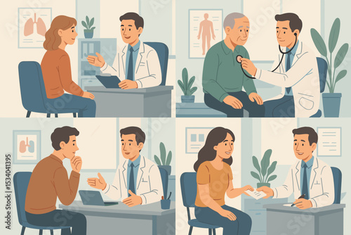 Doctor and patient consultation scenes set. Medical examination in a clinic. Physician uses stethoscope, gives prescription, and advises patients. Healthcare and medicine concept illustration.