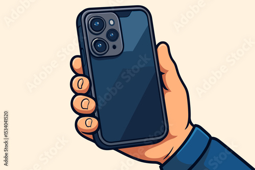 Hand holding a modern smartphone vector illustration. Cartoon drawing of a mobile phone with a triple camera system. Technology and communication concept. Cellphone device.