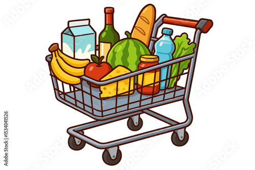 Shopping cart full of groceries isolated on white background. Supermarket trolley with fresh food, fruit, vegetables, milk, cheese, bread, wine. Consumerism vector cartoon illustration.