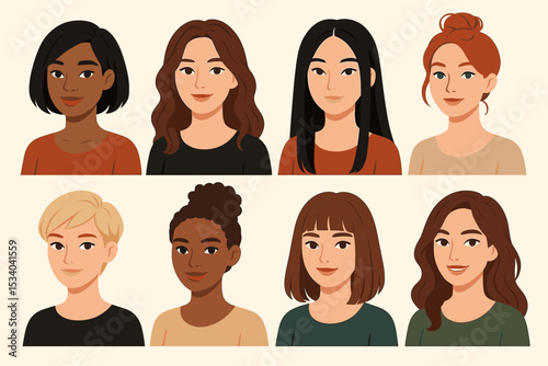 Diverse women faces vector collection. Multicultural female portraits. Set of girl user avatars. Group of beautiful characters with different hairstyles for social media profile.