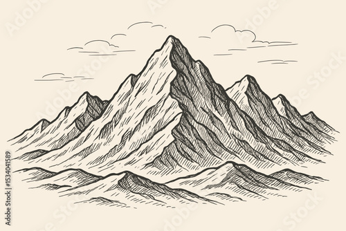 Mountain landscape in hand drawn sketch style. Vector illustration of a rocky peak and range. Vintage engraving for adventure, travel, and hiking concepts. Outdoor nature scenery.