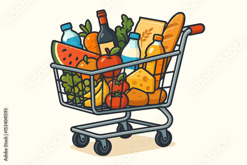 Grocery shopping cart full of healthy food. Supermarket trolley overflowing with fresh fruit, vegetables, dairy, bread, and drinks. Retail, consumerism and nutrition concept.