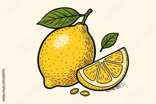 Hand drawn lemon vector illustration. Fresh citrus fruit with slice, leaf, and seeds in a retro woodcut print style. Engraved sketch icon for healthy organic food or lemonade.