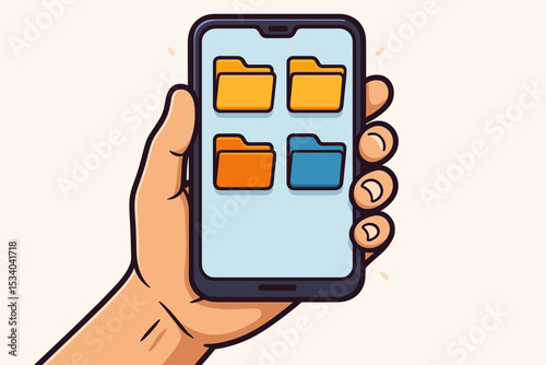 Hand holding smartphone with folder icons on screen. Digital file management and data organization concept. Mobile app for cloud storage, document archive, and business workflow.
