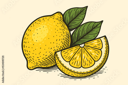 Lemon fruit and slice with leaves in a vintage hand-drawn woodcut style. Retro citrus illustration for packaging. Engraved style sketch. Fresh, organic, healthy food vector.