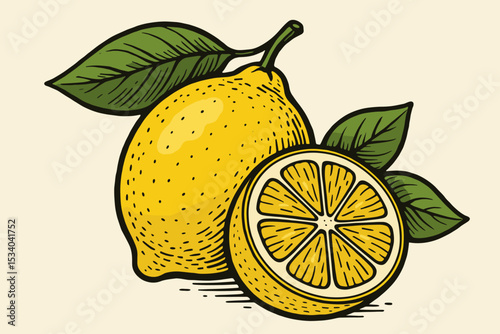 Hand drawn lemon illustration in a vintage woodcut or linocut style. Vector graphic of fresh citrus fruit, whole and sliced with leaves. Retro organic food icon for packaging.