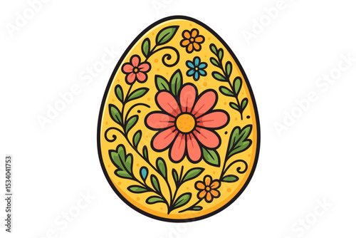 Colorful Easter egg with floral folk art ornament. Traditional spring holiday decoration with hand-drawn flower and leaf pattern. Vector illustration icon isolated on white background.