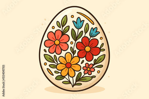 Floral Easter egg vector illustration. Hand-drawn decorated egg with colorful flowers for spring holiday celebration. Folk art style graphic for greeting card or festive design.