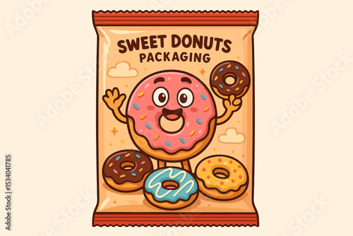 Funny donut mascot on sweet snack packaging design. Cute cartoon character with colorful glazed donuts. Kawaii pastry dessert for food brand label. Vector illustration concept.