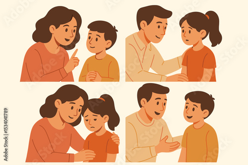 Parents communicating with children vector set. Mother and father talking, listening, comforting sad daughter and supporting son. Family psychology, good parenting, emotional support.