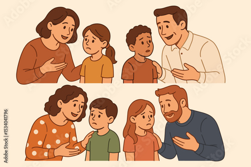 Parents comforting sad children. Mother and father talking to upset son and daughter. Family support, empathy and communication concept. Parenthood, psychology, and emotional help vector set.