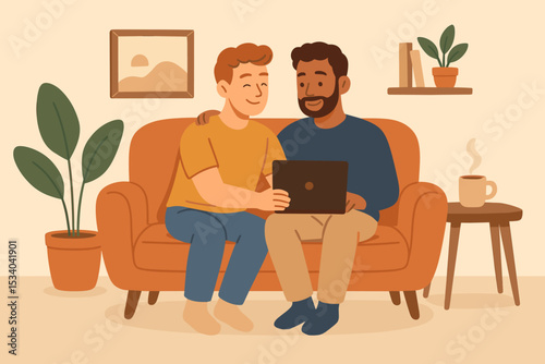 Happy gay couple cuddling on sofa using laptop. Interracial male partners relaxing at home. LGBTQ+ relationship, love, and togetherness concept. Cozy domestic lifestyle vector.