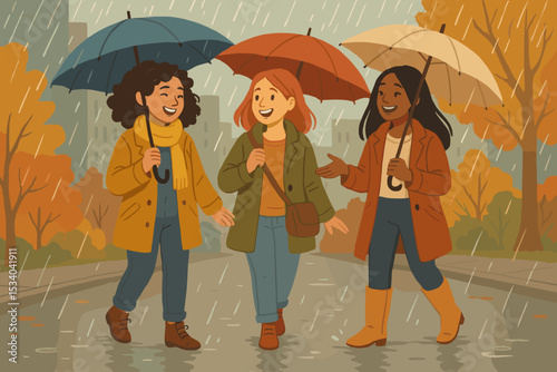Happy diverse friends walking in the rain. Three young multiracial women with umbrellas stroll on a city street in autumn. Cheerful friendship, togetherness and support concept.