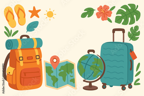 Travel and adventure icon set. Summer vacation background with journey elements like backpack, luggage, map, globe. World exploration, tourism, tropical holiday vector frame concept.