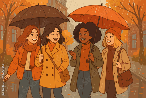 Group of diverse happy women friends walking together in the rain under umbrellas. Autumn city stroll concept. Multiracial female friendship and positive lifestyle illustration.