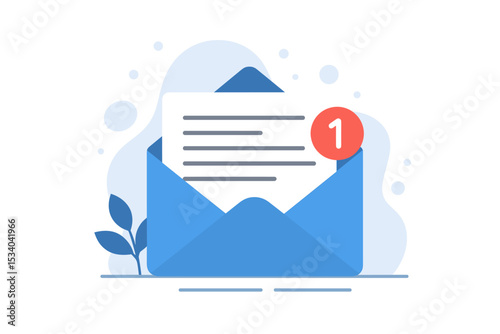 New email message notification icon in inbox. Open envelope with a letter and alert counter. Vector concept for online communication, digital marketing, and newsletter mailing.