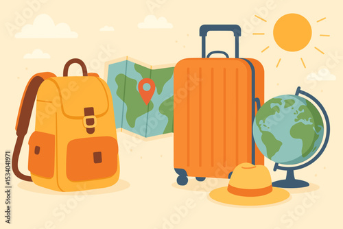 Travel and adventure concept with backpack, suitcase, map, and globe. Summer vacation planning illustration for tourism and journey. World exploration and holiday trip vector.