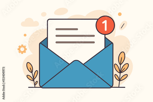 New email message notification concept. Open envelope with a letter and number one alert icon. Inbox communication vector illustration. E-mail marketing, newsletter graphic symbol.